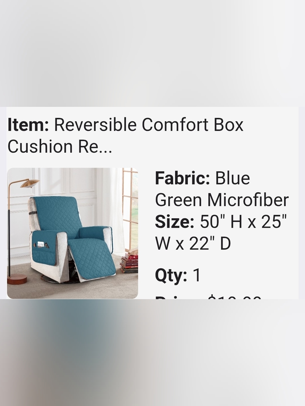 Recliner Chair Cover  Blue-Green Microfiber NWT